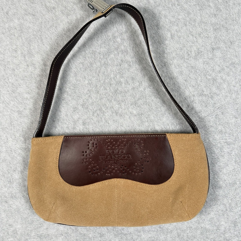 VTG Polo Ralph Lauren Mini Hobo Demi Shoulder Bag Beige Tan Suede Leather Purse